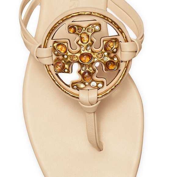Tory Burch NIB Miller Jeweled Leather Thong Sandals Brie Cream Beige - Picture 13 of 15